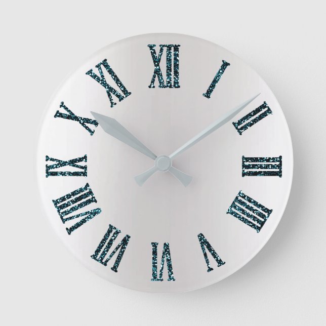 Teal Blue Glitter Grey Silver Ombre Minimal Black Round Clock (Front)