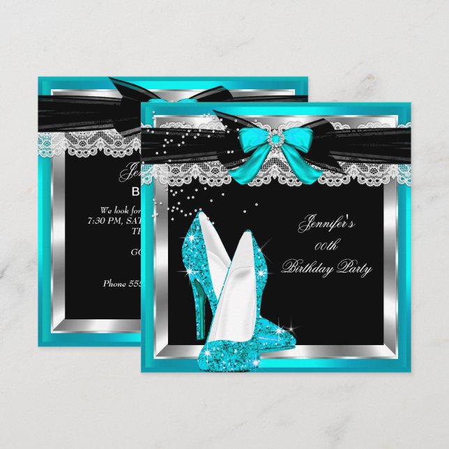 Teal Blue Glitter Hi Heels Silver Birthday Party Invitation (Front/Back)