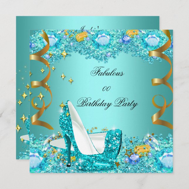 Teal Blue Glitter High Heels Fabulous Birthday Invitation (Front/Back)