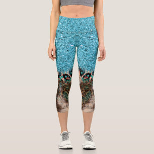 Teal Blue Glitter Leopard Print Abstract Capri Leggings