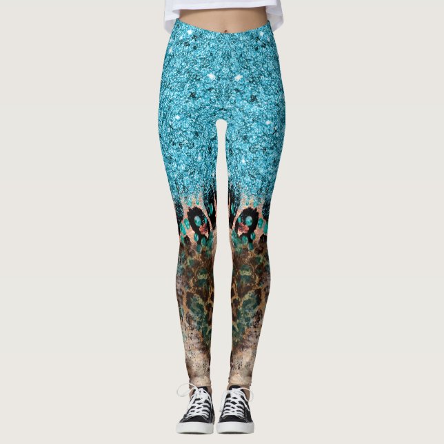 Teal Blue Glitter Leopard Print Abstract Leggings (Front)