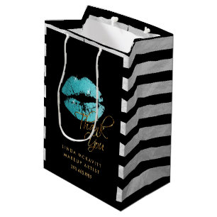 Teal Blue Glitter Lips & White Stripes - Thank You Medium Gift Bag
