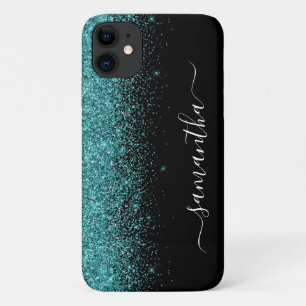 Teal Blue Glitter Ombre Handwritten Custom Name Case-Mate iPhone Case