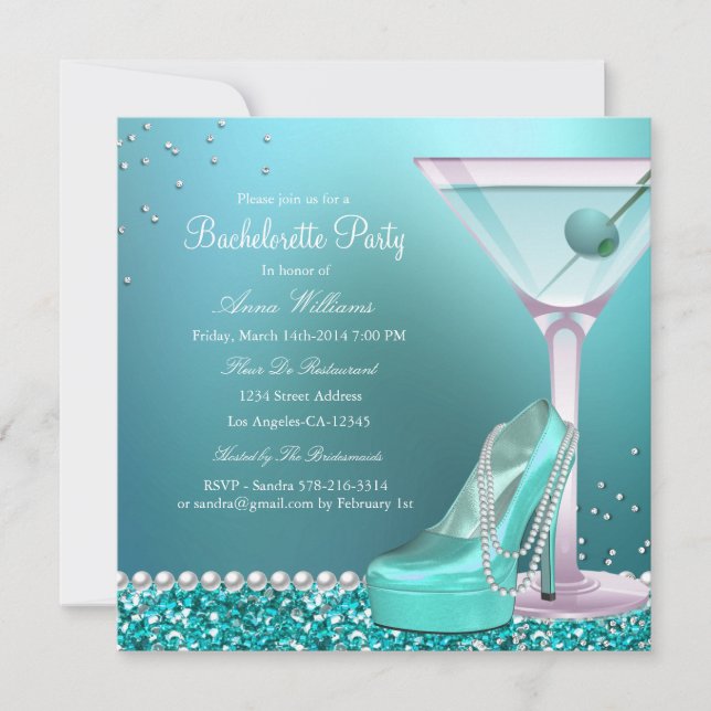 Teal Blue Glitter Pearl Bachelorette Party Invite (Front)