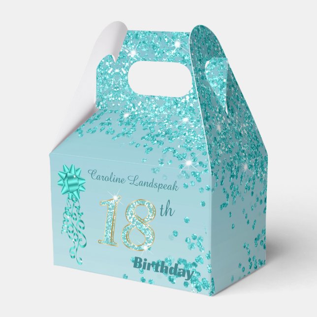 Teal Blue Glitter & Ribbon 18th Birthday Favour Box (Front Side)