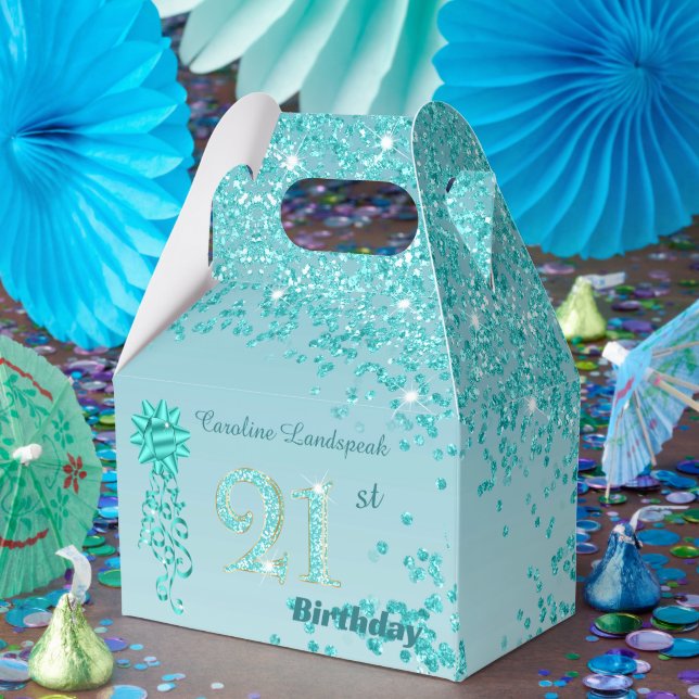 Teal Blue Glitter & Ribbon 21st Birthday Favour Box (Party)