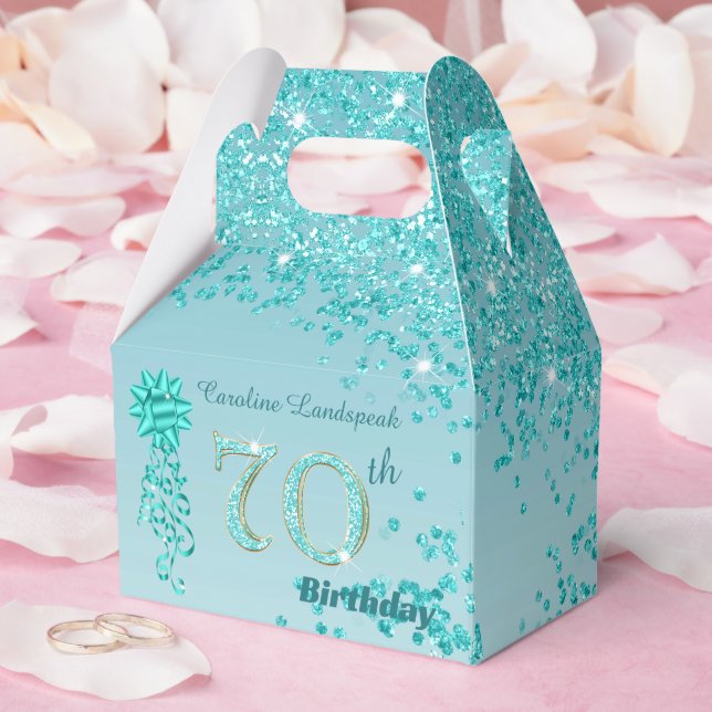 Teal Blue Glitter & Ribbon 70th Birthday Favour Box (Wedding)