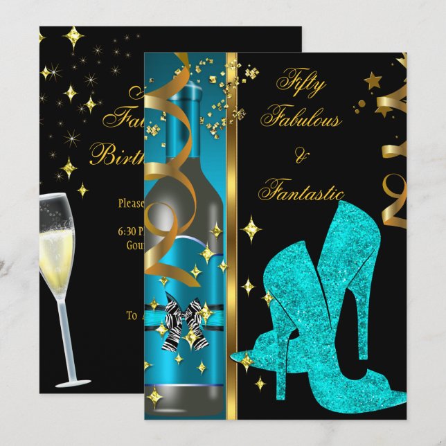 Teal Blue Gold 50 & Fabulous Fantastic Birthday Invitation (Front/Back)