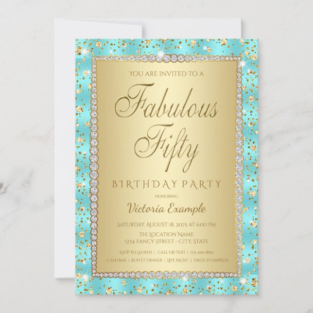Teal Blue Gold 50th Birthday Party Invitations (Front)