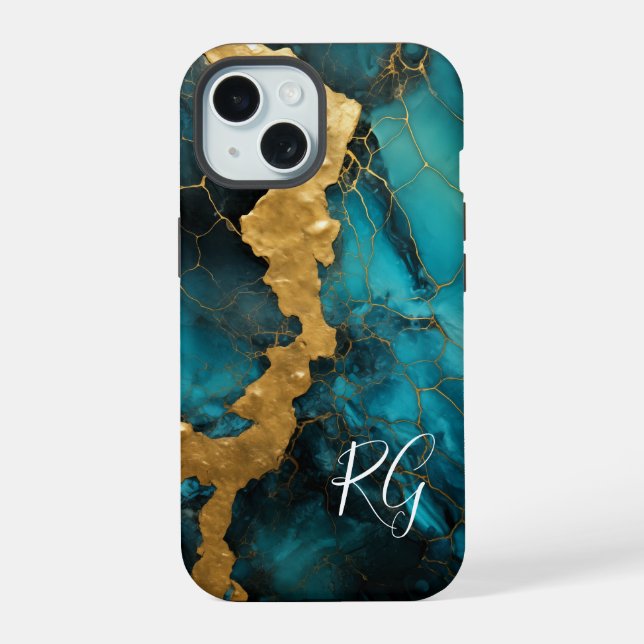 Teal Blue Gold Abstract Marble Monogram iPhone 15 Case (Back)
