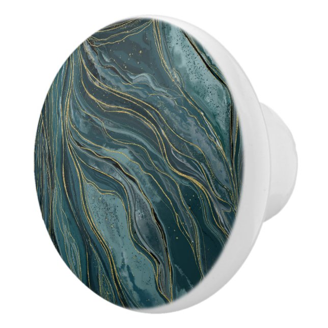 Teal Blue Gold Abstract Watercolor Waves Ceramic Knob (Right)