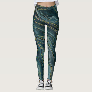 Teal Blue Gold Abstract Watercolor Waves Leggings