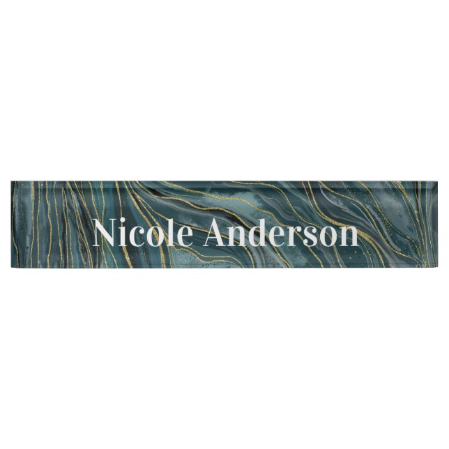 Teal Blue Gold Abstract Watercolor Waves Nameplate (Front)
