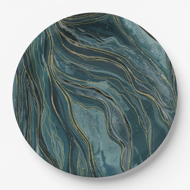 Teal Blue Gold Abstract Watercolor Waves Paper Plate (Front)