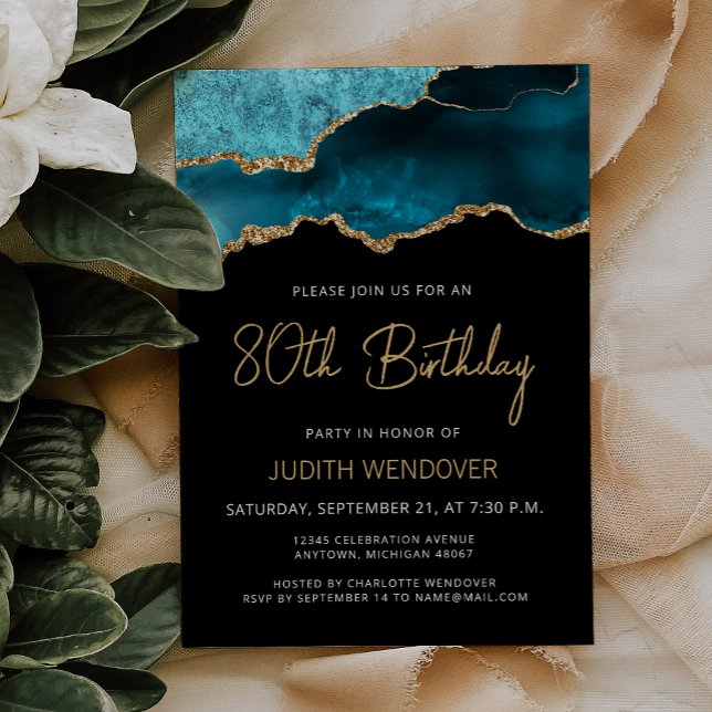 Teal Blue Gold Agate 80th Birthday Invitation (Creator Uploaded)
