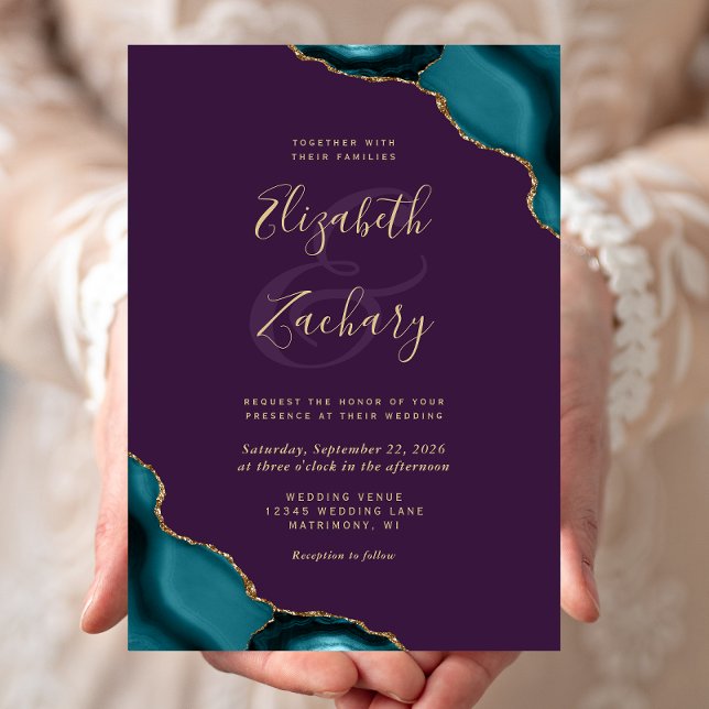 Teal Blue Gold Agate Corners Purple Wedding Invitation (Creator Uploaded)