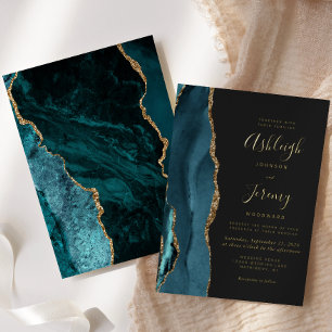 Teal Blue Gold Agate Dark Modern Wedding