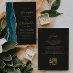 Teal Blue Gold Agate Dark QR Code Wedding Invitation<br><div class="desc">The left-hand edge of this elegant modern wedding invitation features a teal blue watercolor agate border trimmed with faux gold glitter. The customisable text combines gold-coloured script and sans serif fonts on a slate black background. The reverse side provides space for wedding details on a solid slate black background, along...</div>