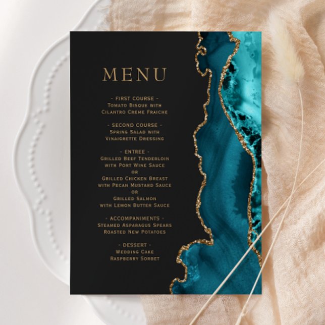Teal Blue Gold Agate Dark Wedding Menu (Creator Uploaded)