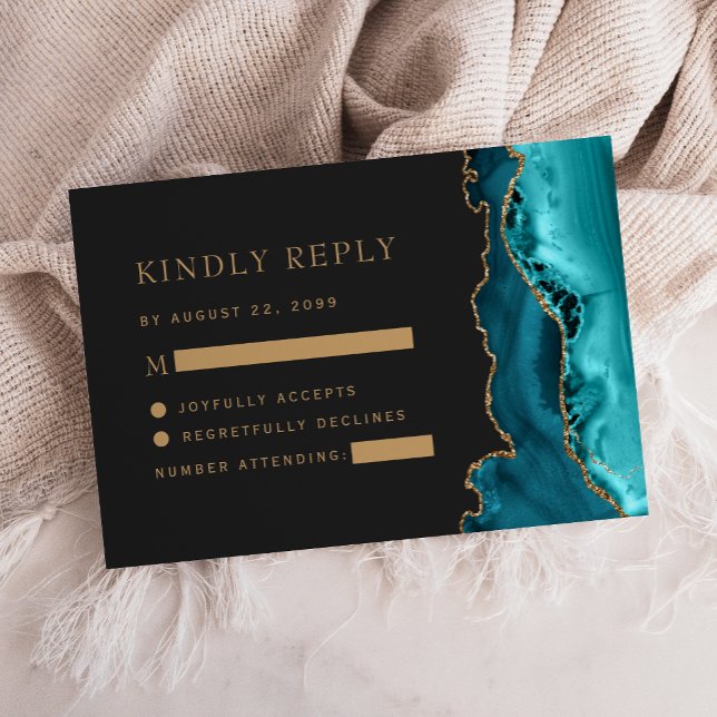 Teal Blue Gold Agate Dark Wedding RSVP Card (Creator Uploaded)