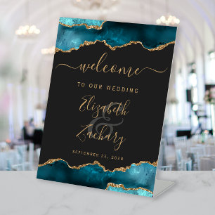 Teal Blue Gold Agate Dark Wedding Welcome Pedestal Sign