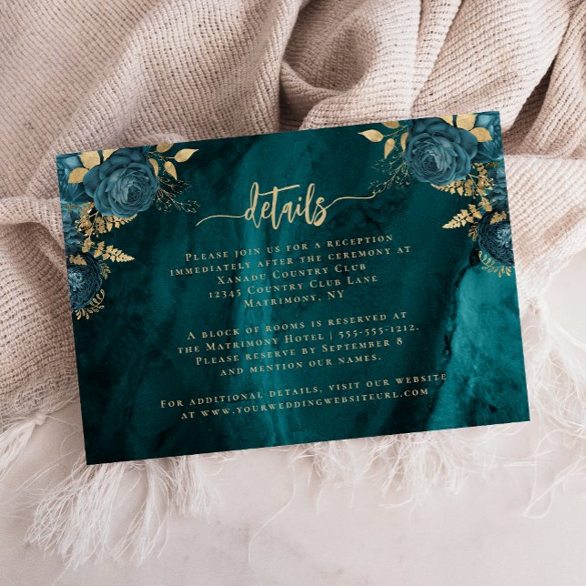 Teal Blue Gold Agate Floral Wedding Details Enclosure Card (Creator Uploaded)