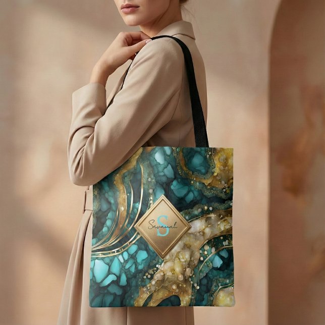 Teal Blue Gold Agate Geode Marble Monogram Name Tote Bag (Creator Uploaded)