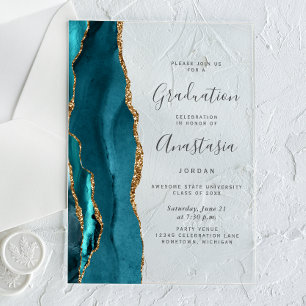 Teal Blue Gold Agate Grey Text Graduation Acrylic Invitations