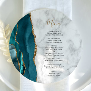 Teal Blue Gold Agate Marble Round Plate Wedding Menu