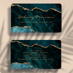 Teal Blue Gold Agate Microblading Rounded Business Card