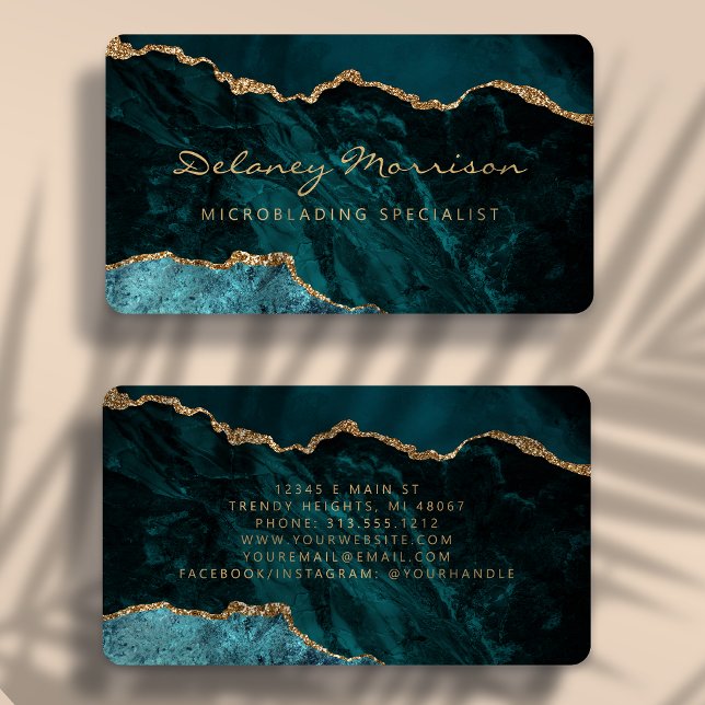 Teal Blue Gold Agate Microblading Rounded Business Card (Creator Uploaded)