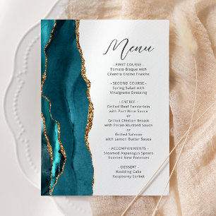 Teal Blue Gold Agate Modern Script Wedding Menu