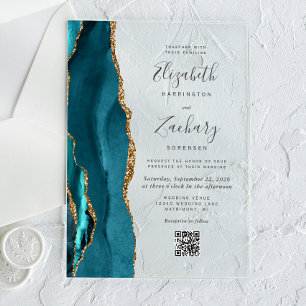 Teal Blue Gold Agate QR Code Wedding Acrylic Invitations