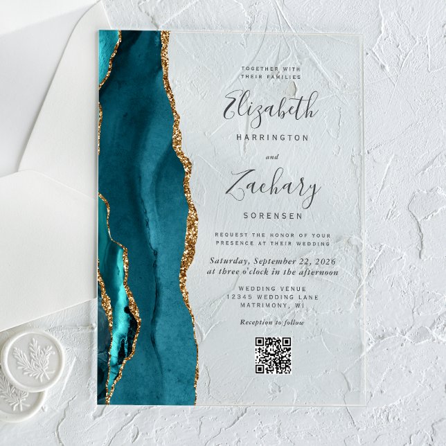 Teal Blue Gold Agate QR Code Wedding Acrylic Invitations (Creator Uploaded)