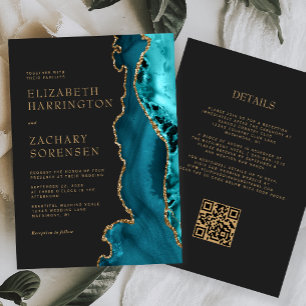 Teal Blue Gold Agate QR Code Wedding Invitation
