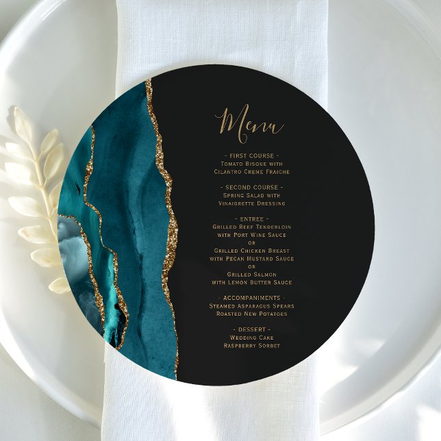 Teal Blue Gold Agate Round Plate Wedding Menu (Creator Uploaded)