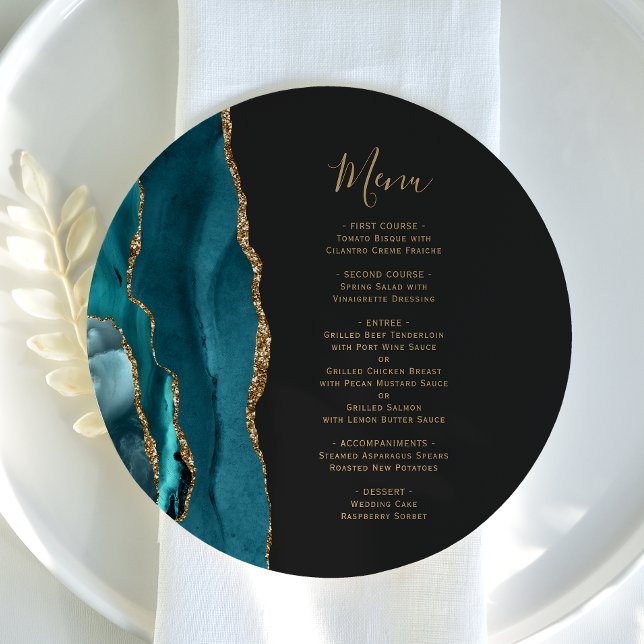 Teal Blue Gold Agate Round Plate Wedding Menu (Creator Uploaded)