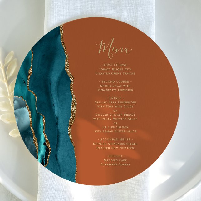 Teal Blue Gold Agate Rust Round Plate Wedding Menu (Creator Uploaded)