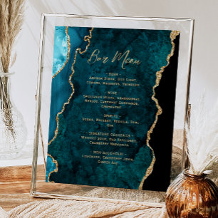 Teal Blue Gold Agate Script Wedding Bar Menu  Poster