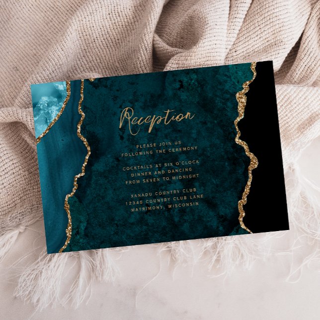 Teal Blue Gold Agate Script Wedding Reception Enclosure Card (Creator Uploaded)