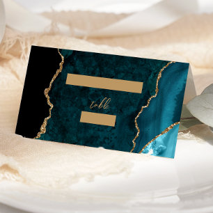 Teal Blue Gold Agate Script Wedding Table Place Card