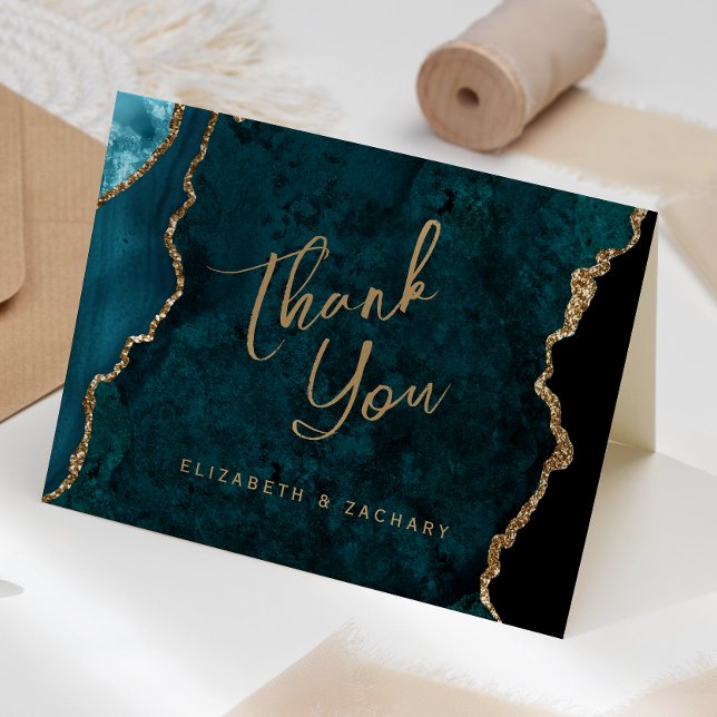 Teal Blue Gold Agate Script Wedding Thank You Card (Creator Uploaded)