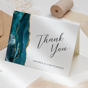 Teal Blue Gold Agate Script Wedding Thank You Card