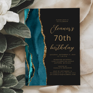 Teal Blue Gold Agate Slate Script 70th Birthday Invitation