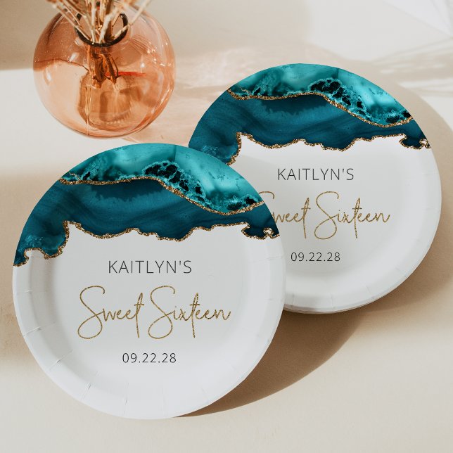 Teal Blue Gold Agate Sweet 16 Birthday Party Paper Plate (Creator Uploaded)
