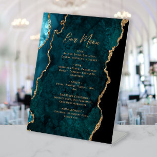 Teal Blue Gold Agate Wedding Bar Menu Pedestal Sign