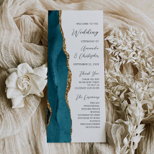 Teal Blue Gold Agate Wedding Program