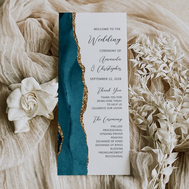Teal Blue Gold Agate Wedding Program (Creator Uploaded)