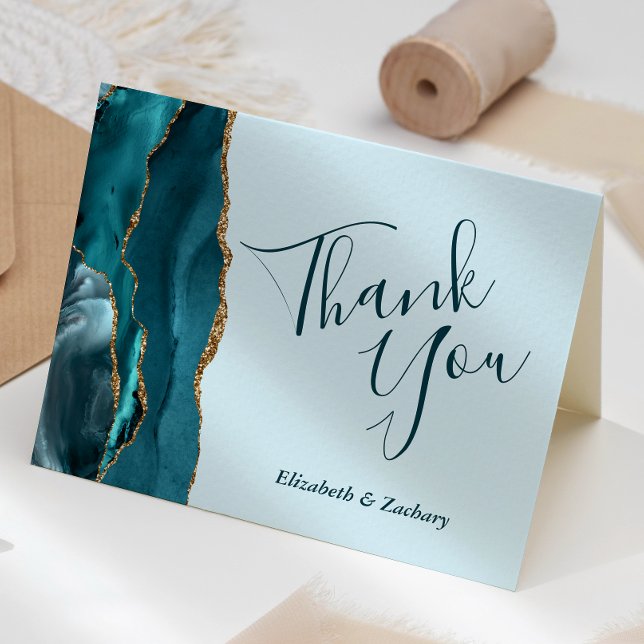 Teal Blue Gold Agate Wedding Thank You Card (Creator Uploaded)