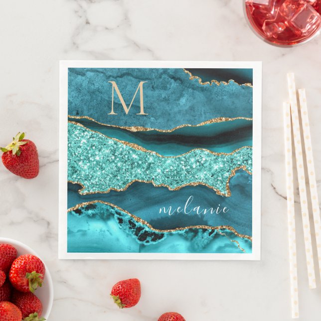 Teal Blue Gold Aqua Custom Letter Name Napkins (Insitu)